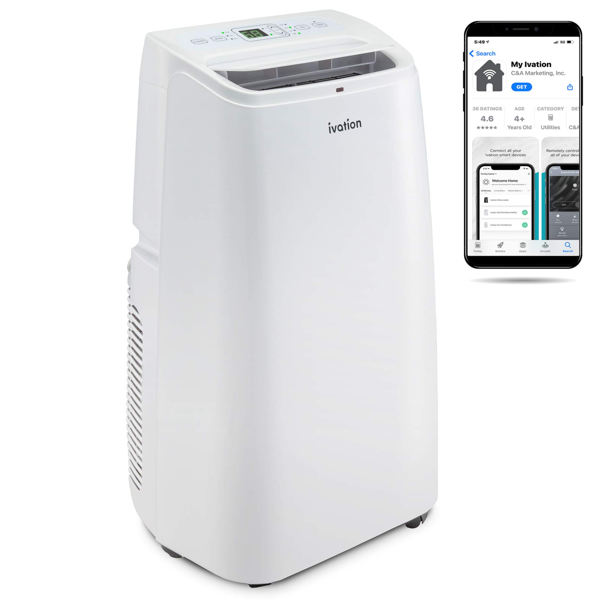 Ivation 13000 BTU Portable Air Conditioner Up to 500 Sq Ft, 3-in-1 Wi-Fi Cooling, Dehumidifier & Fan